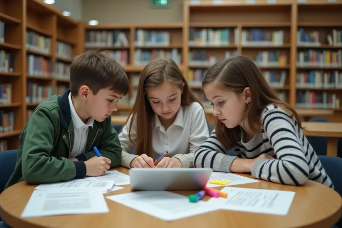 Groupe d'élèves du collège travaillant ensemble en groupe de soutien scolaire dans une bibliothèque
