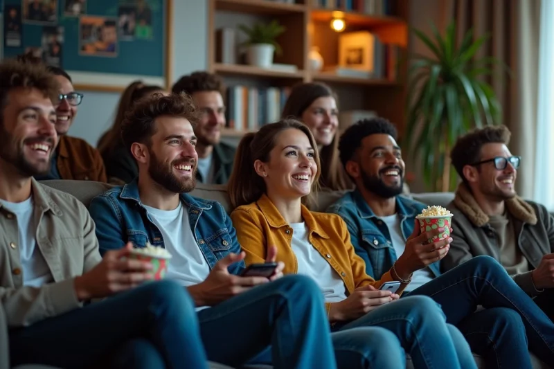 Groupe d'adultes regardant la télévision dans un salon cosy