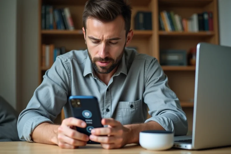 Homme utilisant une application de maison connectée Tuya Smart sur smartphone dans un bureau à domicile moderne
