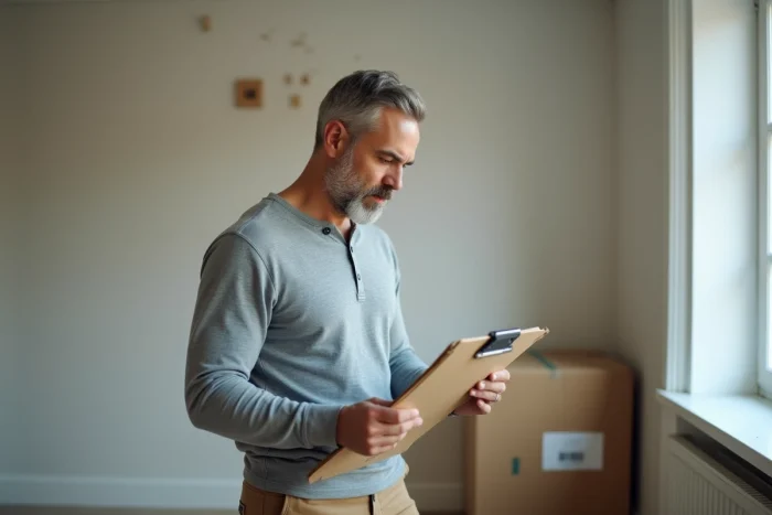 Homme consultant une liste de contrôle de déménagement dans un appartement vide après avoir emballé toutes ses affaires