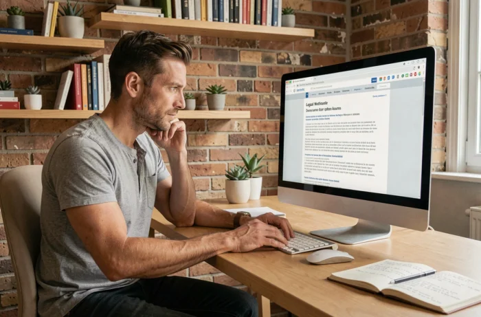 Homme consultant les mentions légales d'un site web sur un écran d'ordinateur dans un bureau à domicile