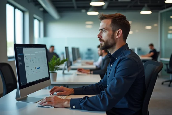 Homme en chemise bleue gérant ses services en ligne depuis un ordinateur de bureau en open space