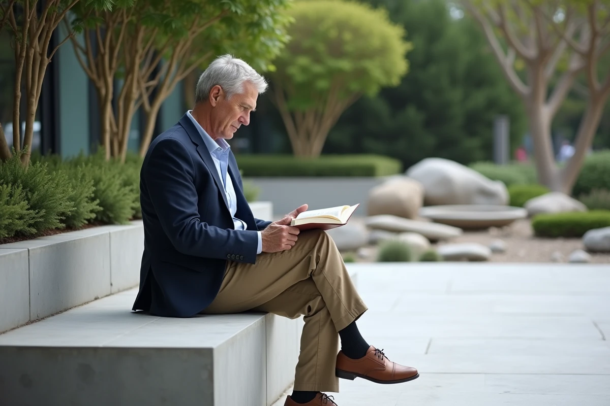 Homme lisant dans un jardin avec terrasse moderne