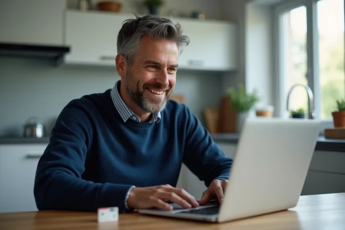 Homme utilisant un ordinateur portable pour convertir son chèque Kadéos en carte sur internet