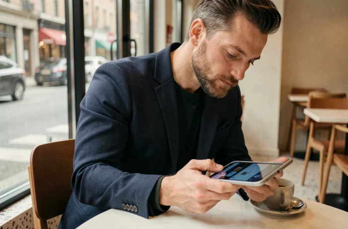 Homme explorant un smartphone pliable innovant dans un café urbain branché