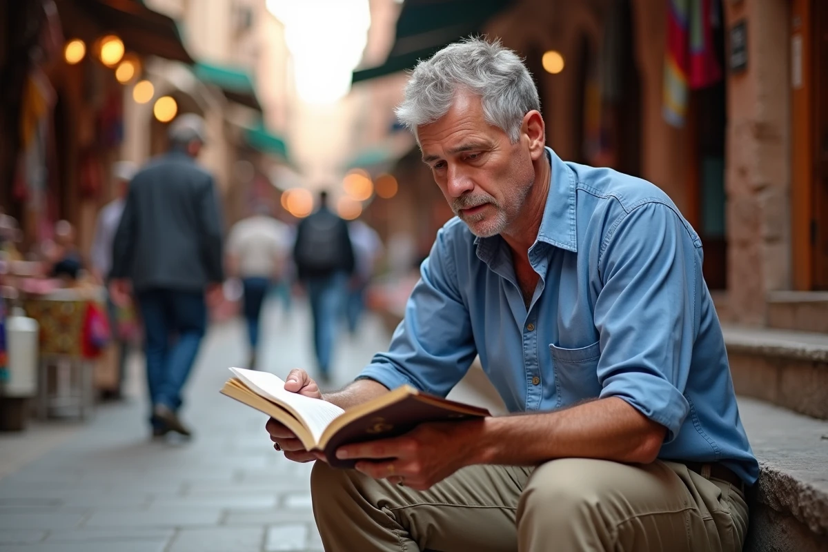 Homme en voyage dans un marché marocain avec guide en main