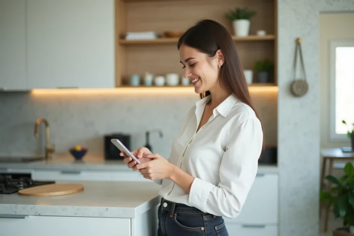 Jeune femme accédant à son espace client via smartphone dans une cuisine moderne