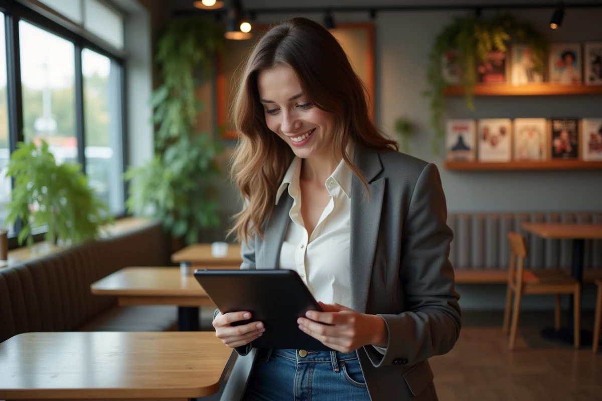 Jeune femme en café regardant une tablette avec intérêt