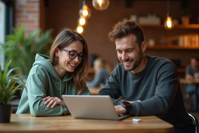 Deux jeunes professionnels discutant de nouvelles technologies autour d'un ordinateur portable dans un café créatif