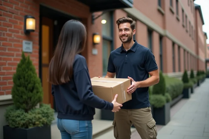 Livreur remettant un colis à une cliente devant la porte d'un appartement en ville