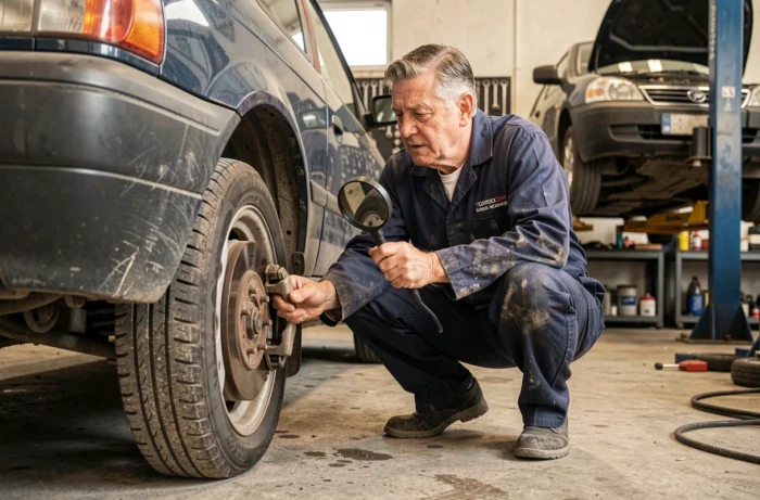 Mécanicien inspectant le dessous d'une voiture d'occasion dans un garage avant validation de l'achat
