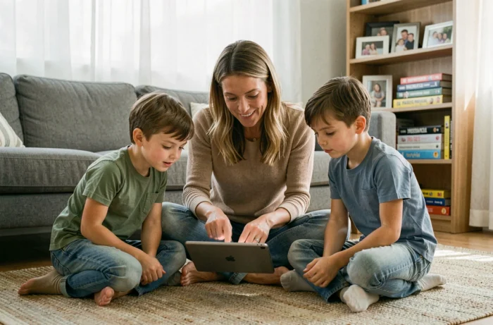Mère et enfants explorant ensemble une tablette numérique dans un salon familial moderne
