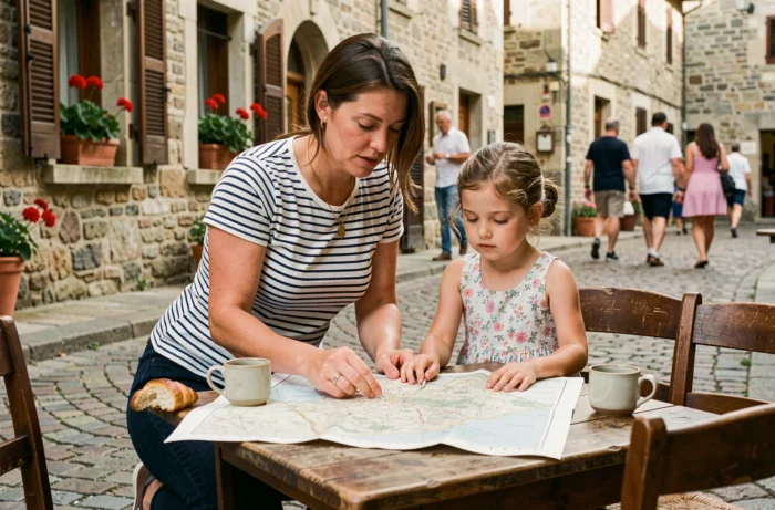Mère et fille consultant une carte en papier à la terrasse d'un café dans un village européen pavé