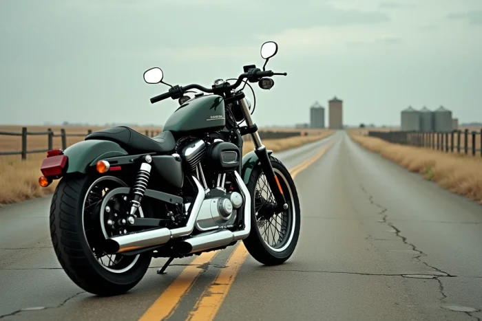 Moteur Harley-Davidson Sportster 883 visible sur une route rurale américaine