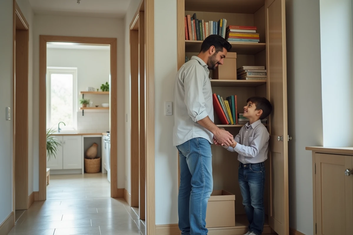 Père et fils organisant des livres dans un couloir