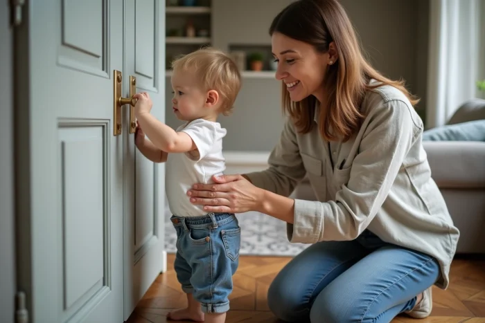 Maman accompagnant son bébé de 22 mois à apprendre à ouvrir une porte à poignée dans un salon cosy