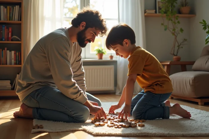 Parent et adolescent collaborant sur un puzzle dans un salon douillet, représentant le lien parent-enfant et la cohésion familiale