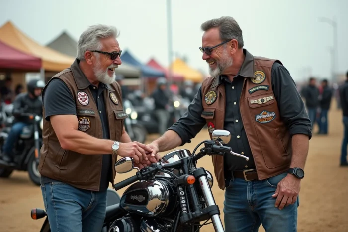 Passionnés de Harley-Davidson discutant du moteur Milwaukee-Eight lors d'un rassemblement moto