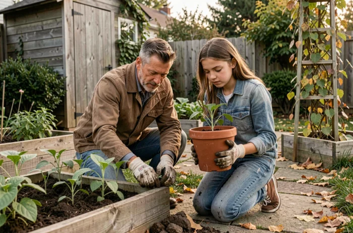 Père et adolescente jardinent ensemble dans un potager familial en automne