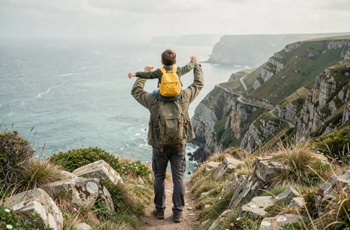 Père portant son fils sur les épaules face à un panorama de falaises côtières lors d'une randonnée en famille