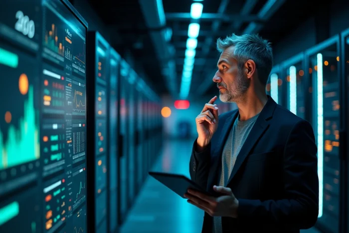 Professionnel analysant des données sur écran incurvé dans une salle de serveurs, intelligence artificielle et innovation