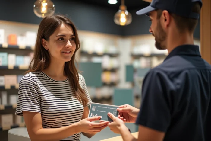 Jeune femme remettant un chèque Kadéos à un employé en magasin pour conversion en carte cadeau