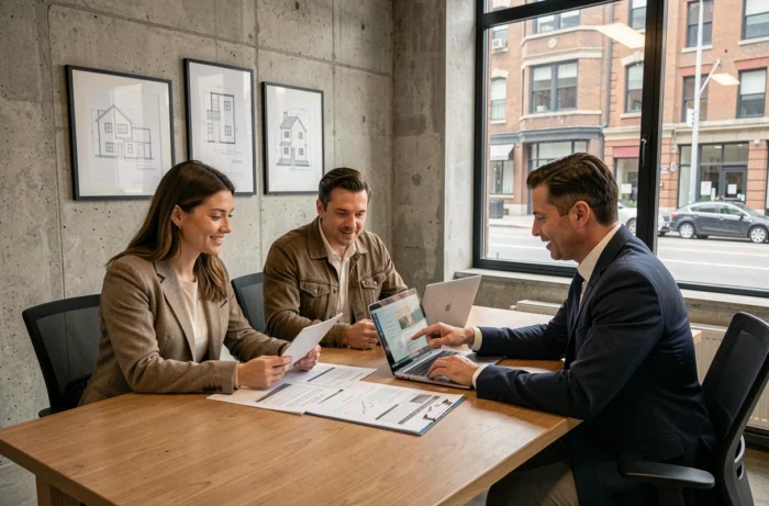 Couple de clients en rendez-vous avec un conseiller Immolink pour discuter d'un projet immobilier autour d'un bureau