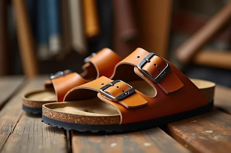 Paire de sandales Birkenstock Arizona en liège naturel et cuir beige posée sur une surface en bois rustique, mettant en valeur l'artisanat et la qualité des matériaux