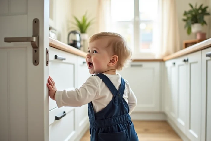 Tout-petit en salopette marine qui ouvre fièrement une porte intérieure dans une cuisine familiale moderne