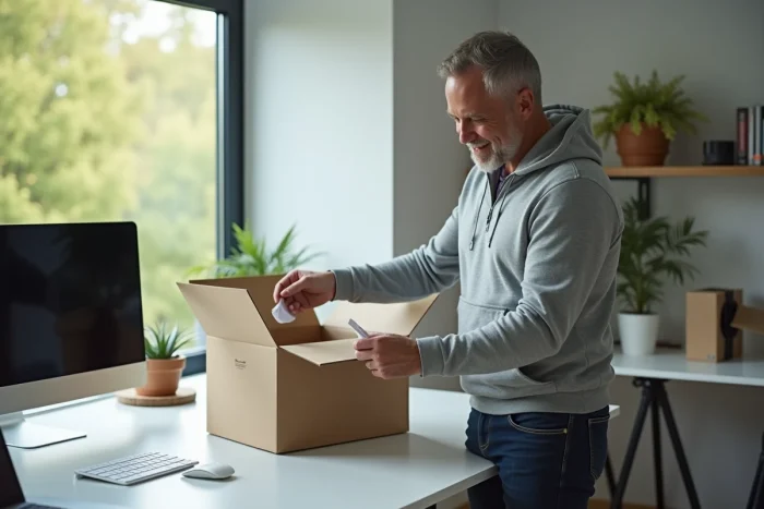 Homme vérifiant le contenu d'un colis reçu après une commande en ligne dans un bureau à domicile